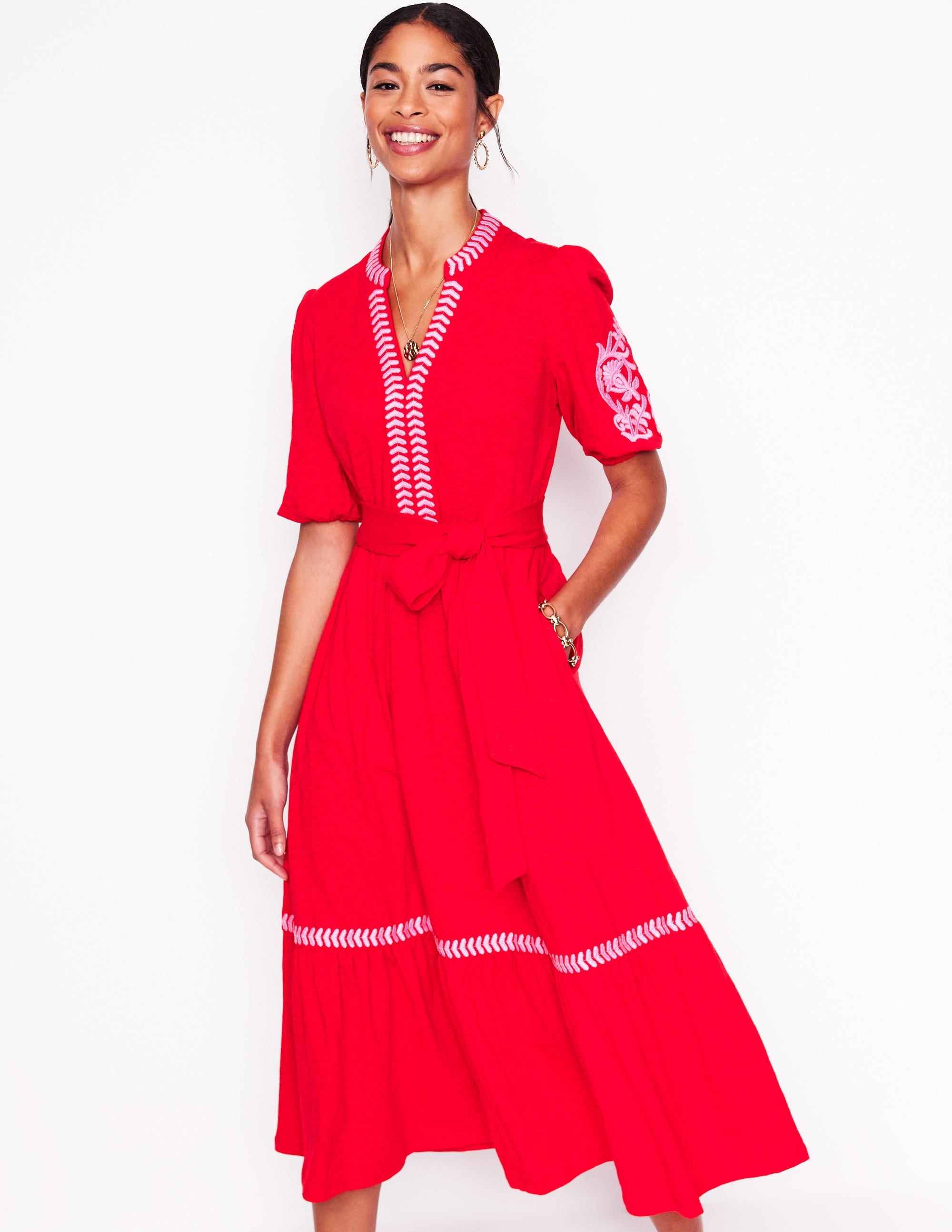 Robe Amara brodée en jersey-Rouge coquelicot, rose pivoine - Image 5