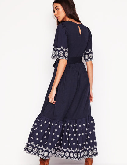 Isabel Broderie Mix maxi Dress-Navy