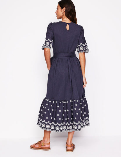 Isabel Broderie Mix maxi Dress-Navy