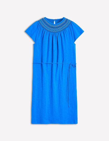 Robe-chemise Nina à smocks-Bleu Martin-pêcheur