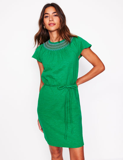 Nina Smocked T-Shirt Dress-Rich Emerald