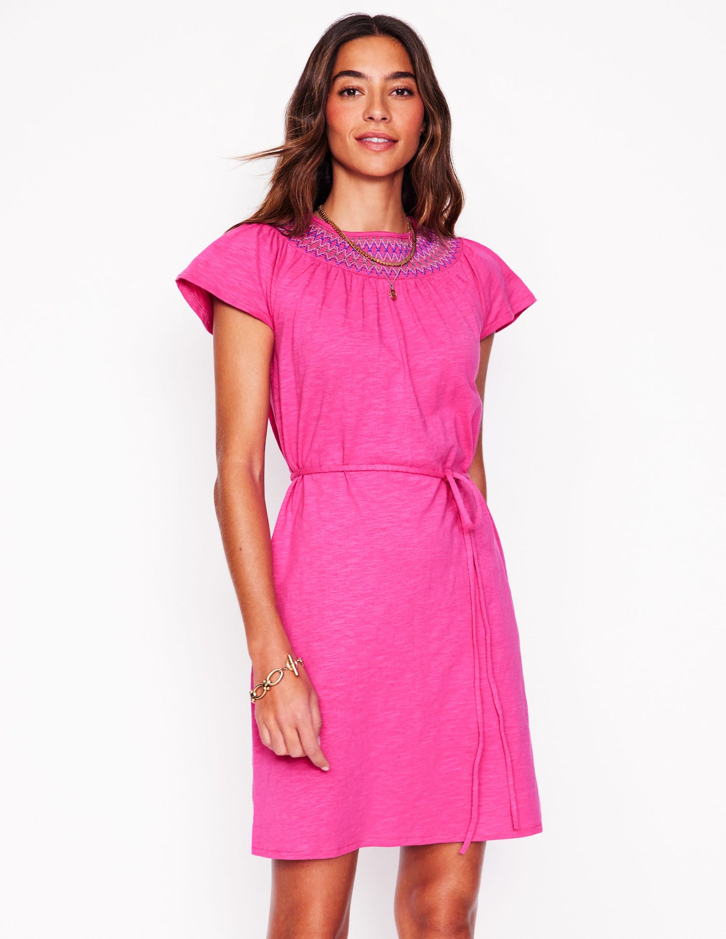 Nina Smocked T-Shirt Dress-Cosmos Pink