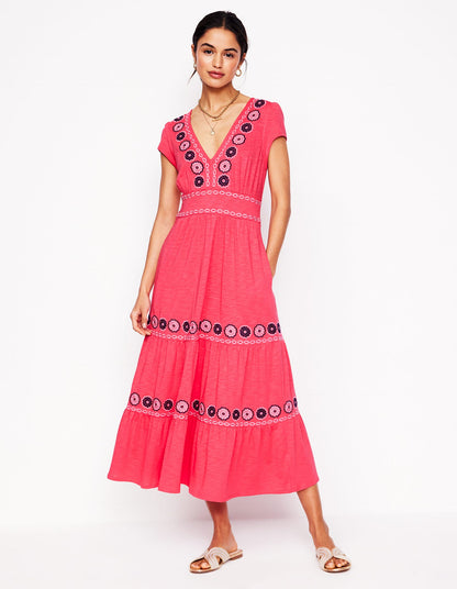 Eloise Embroidered Midi Dress-Camelia Pink