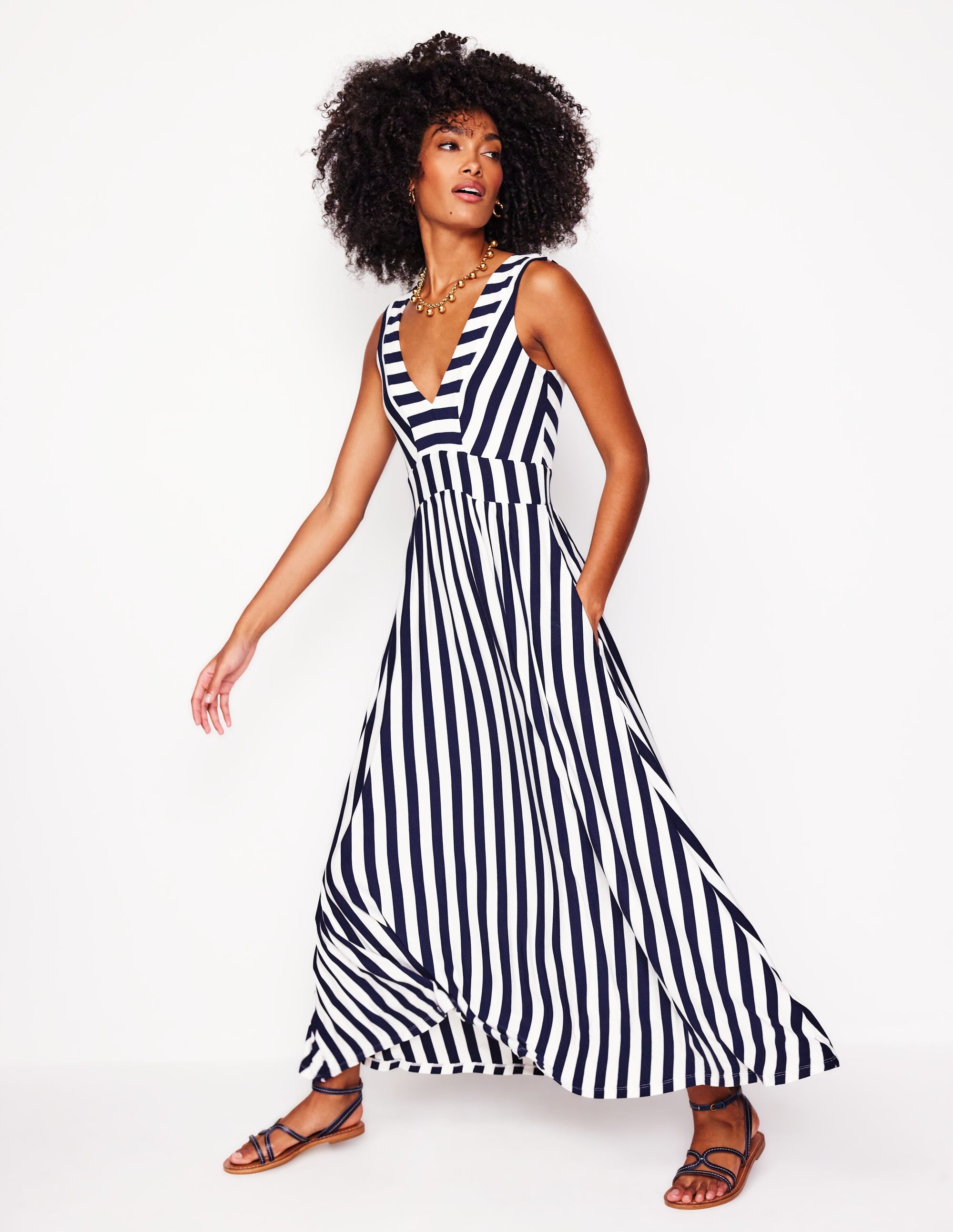 Olympia Jersey-Maxikleid-Französisches Marineblau/Naturweiß Gestreift - Image 1