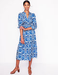 Robe midi Elena en coton à volants-Bleu, motif Ornamental Floral