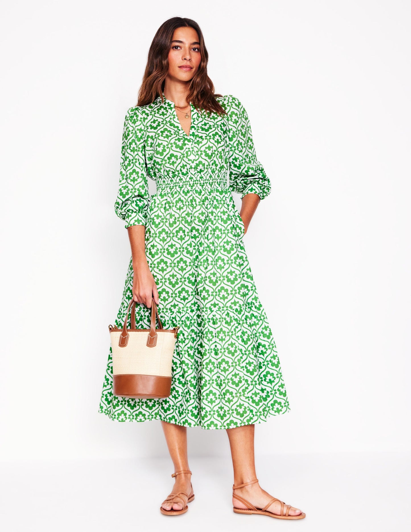 Robe midi Elena en coton à volants-Vert paradis, motif Ivy Trellis