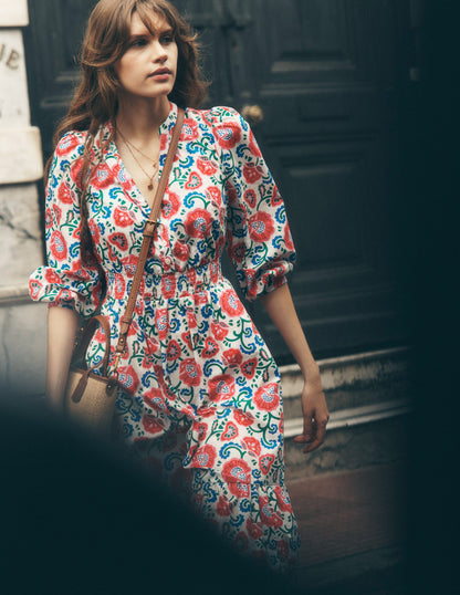 Robe midi Elena en coton à volants-Ivoire, motif Garden Vine