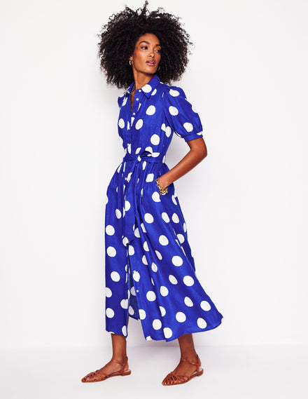 Robe-chemise longue Alexa en lin-Bleu vif, pois abstrait