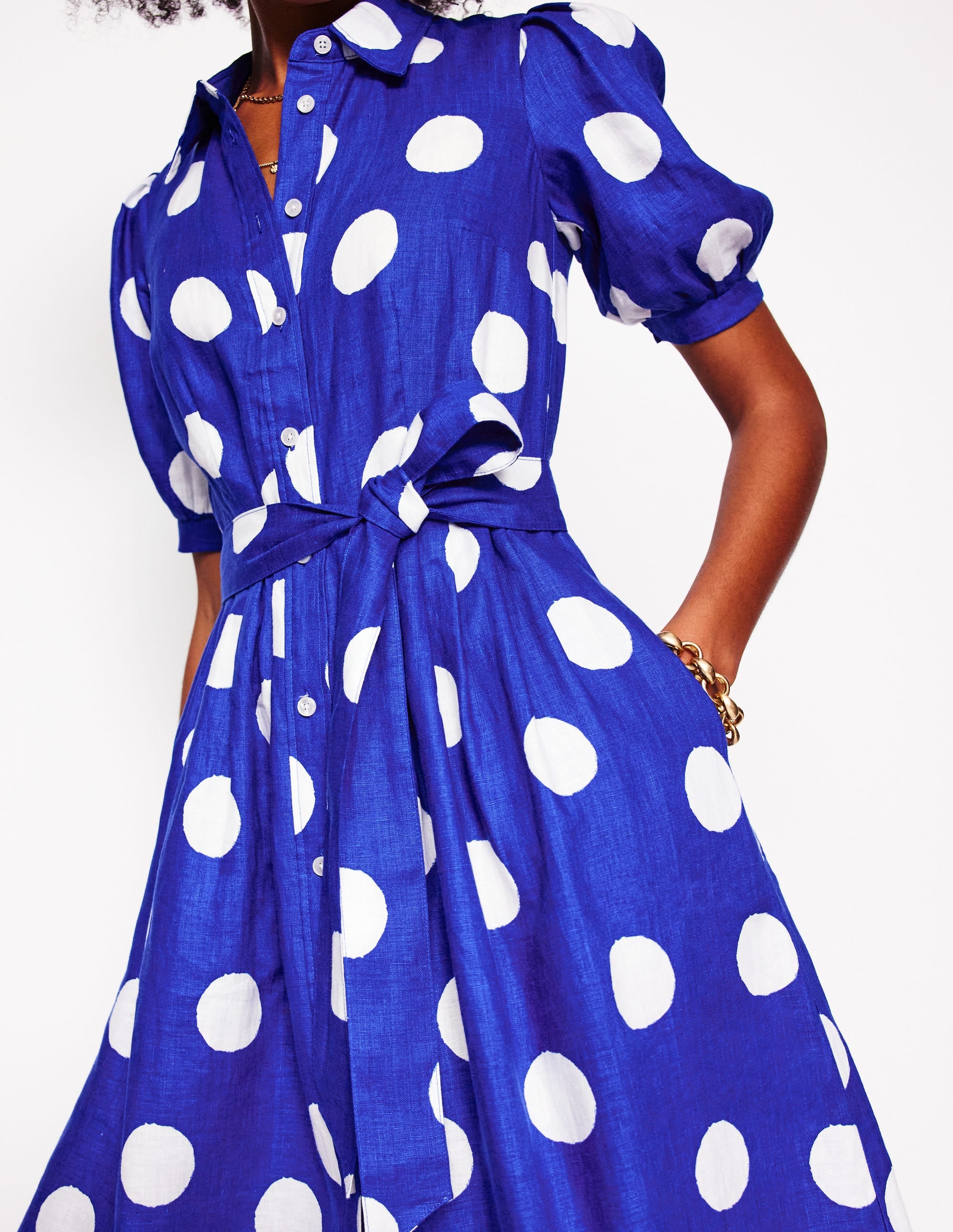 Robe-chemise longue Alexa en lin-Bleu vif, pois abstrait - Image 2
