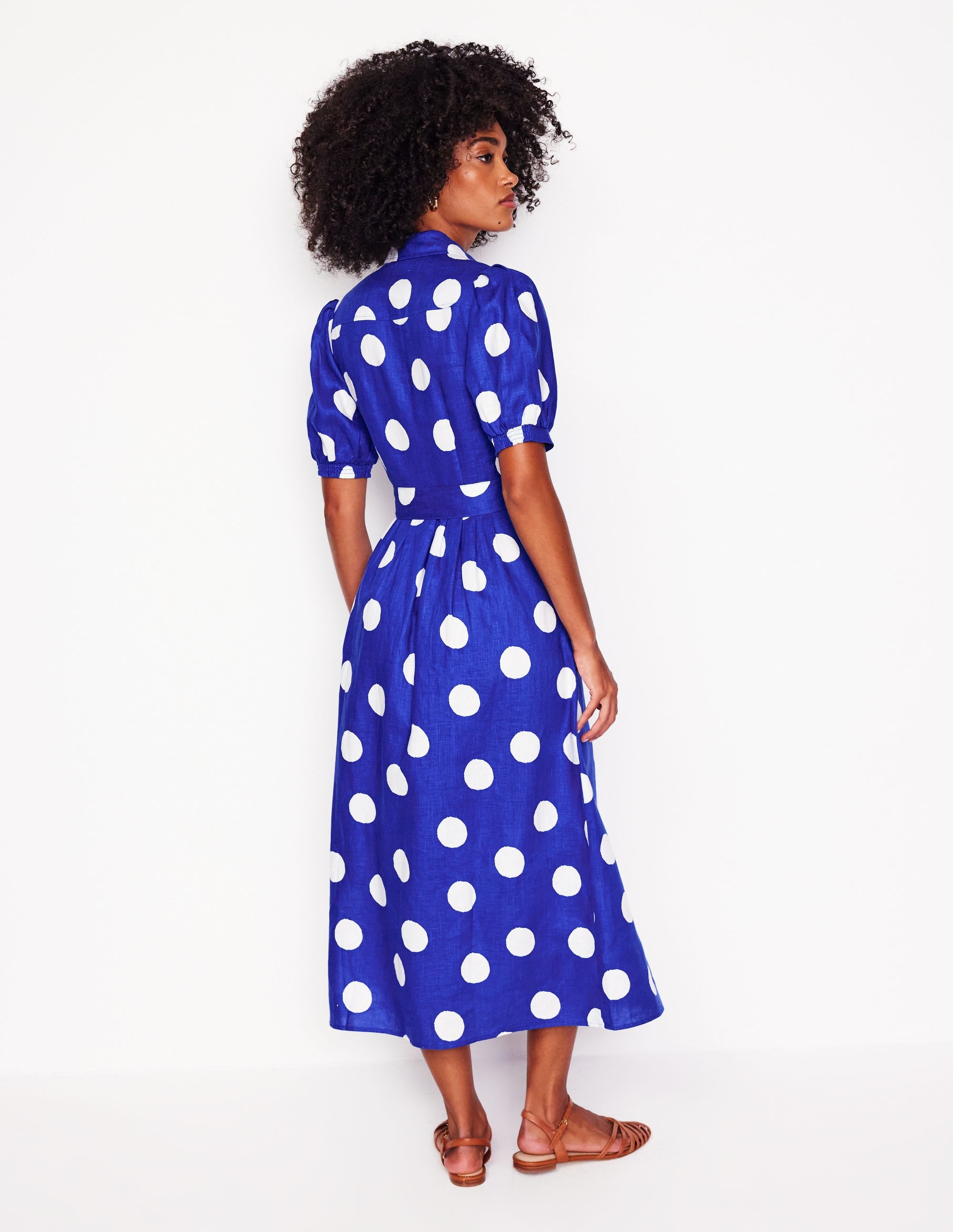 Robe-chemise longue Alexa en lin-Bleu vif, pois abstrait - Image 3