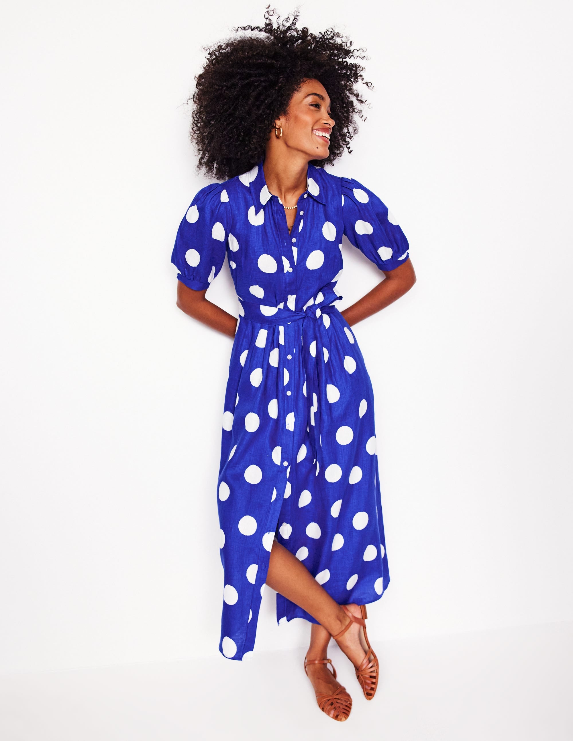 Robe-chemise longue Alexa en lin-Bleu vif, pois abstrait - Image 4