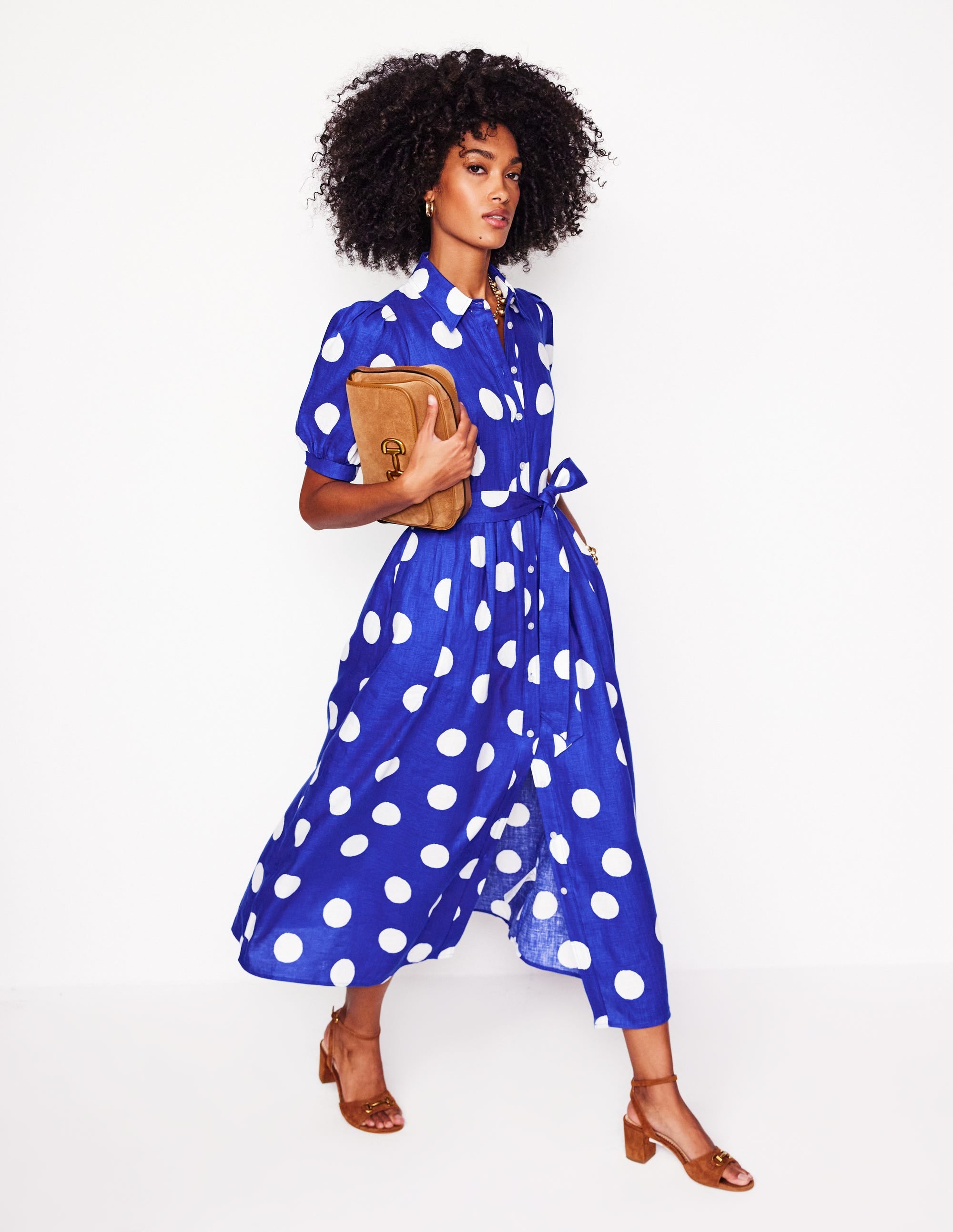 Robe-chemise longue Alexa en lin-Bleu vif, pois abstrait - Image 5