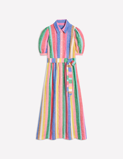 Alexa Maxi-Hemdblusenkleid aus Leinen-Sattes Smaragdgrün und Rosa Regenbogen