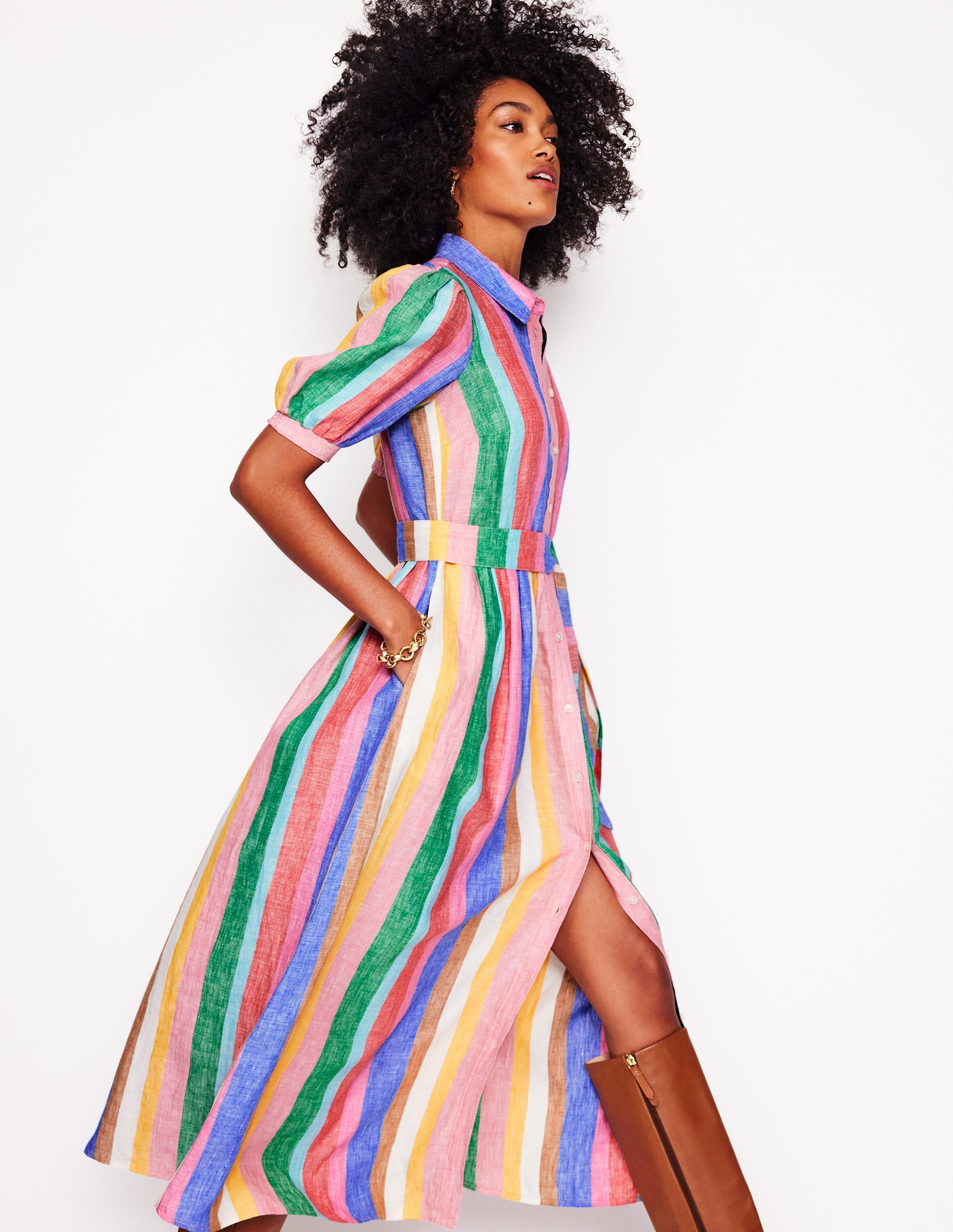 Alexa Maxi-Hemdblusenkleid aus Leinen-Knalliger Regenbogen Streifen - Image 1