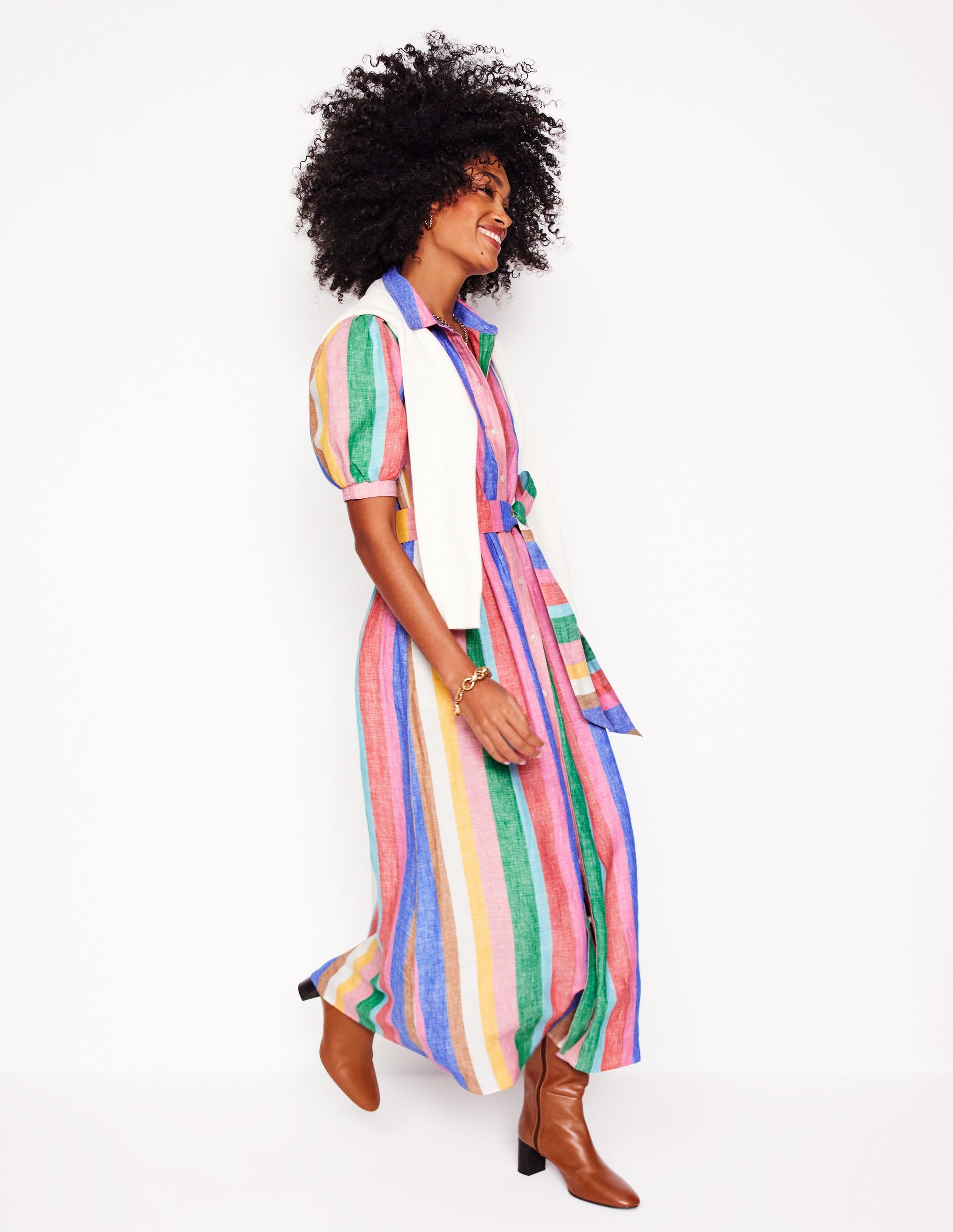 Alexa Maxi-Hemdblusenkleid aus Leinen-Knalliger Regenbogen Streifen - Image 4