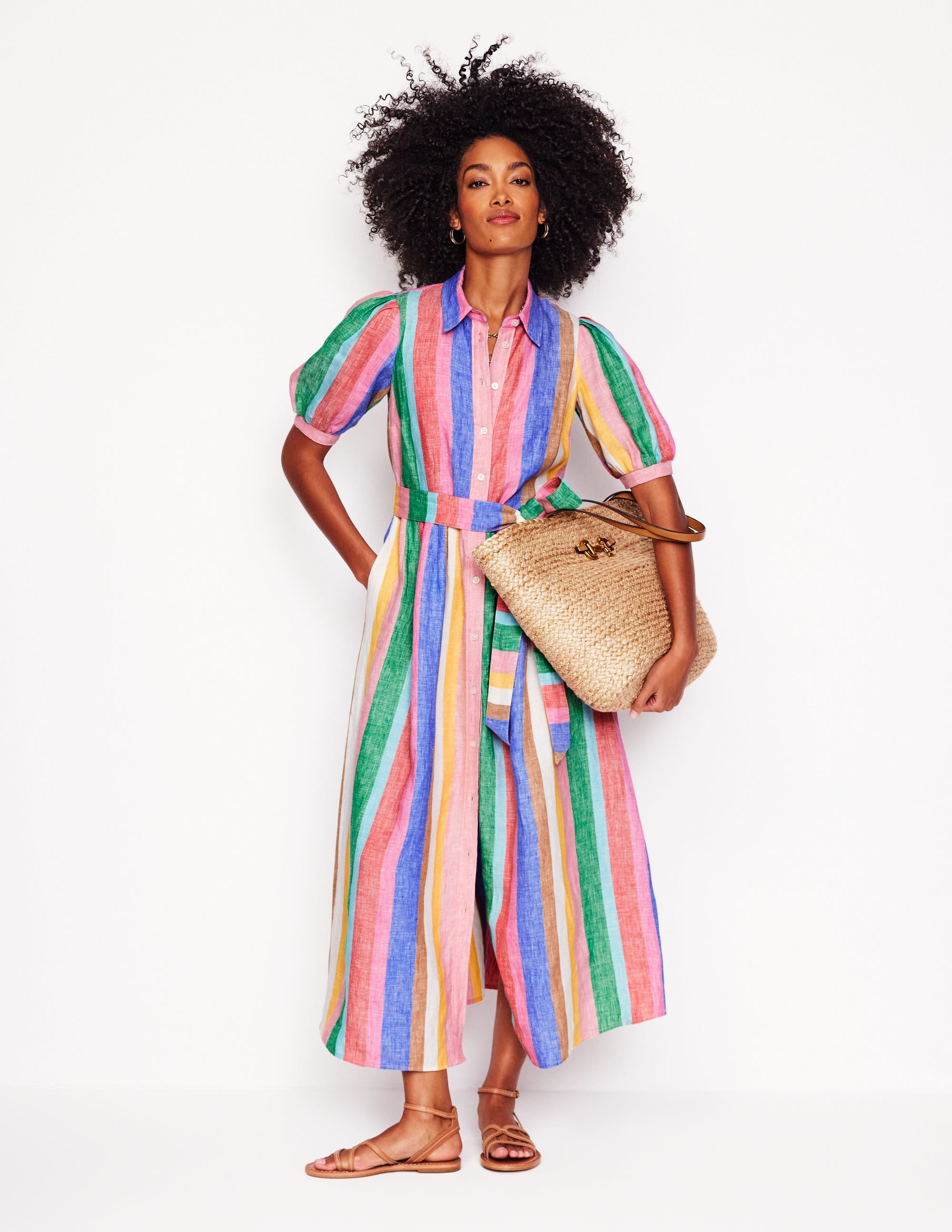 Alexa Maxi-Hemdblusenkleid aus Leinen-Knalliger Regenbogen Streifen - Image 6