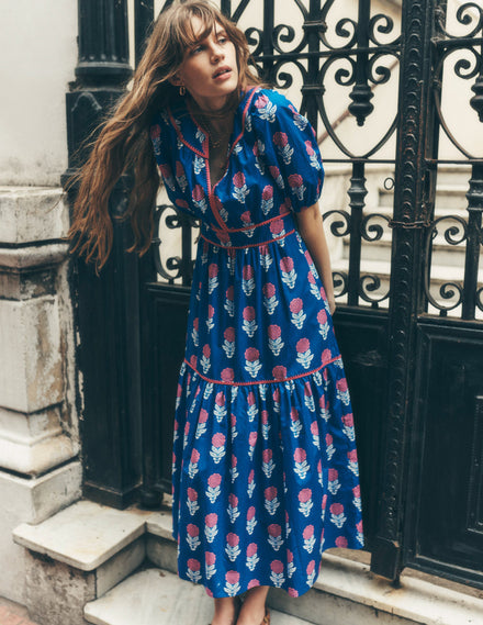Rhea Besticktes Midikleid-Galerie-Blau, Dahlienzweig