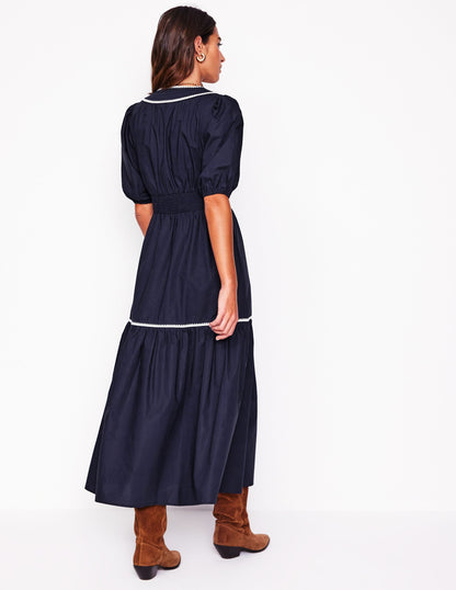 Rhea Embroidered Midi Dress-Navy