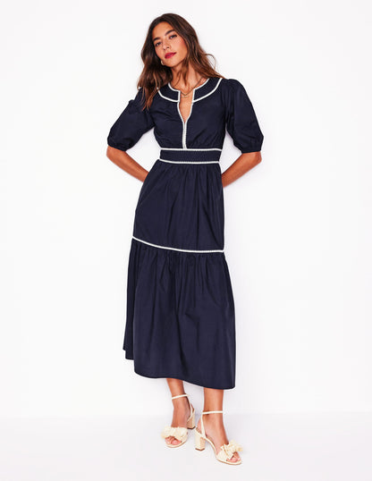 Robe midi Rhea brodée-Bleu Marine