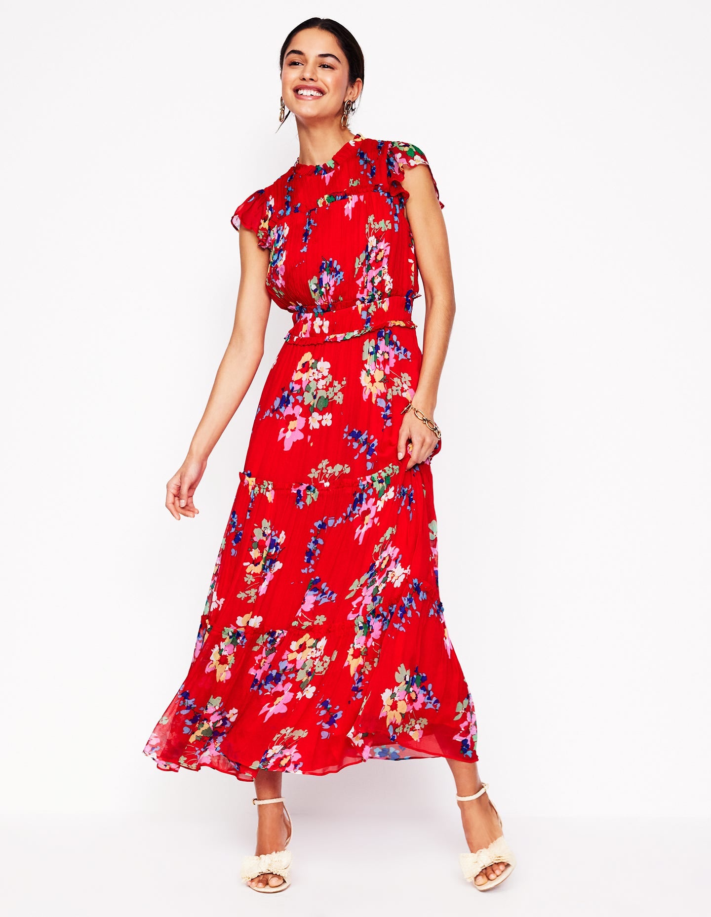 Hochgeschlossenes, ärmelloses Kleid-Rot, Zarte Blüten - Image 1