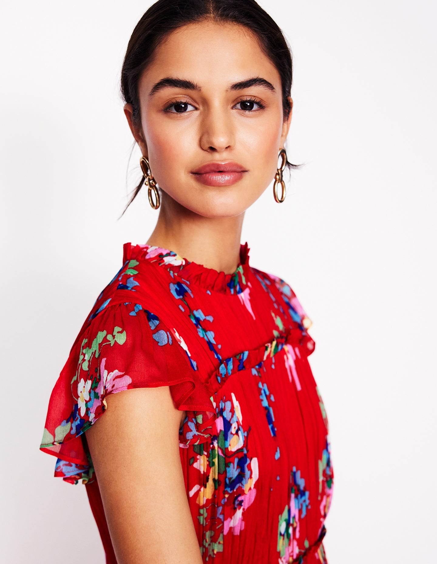 Hochgeschlossenes, ärmelloses Kleid-Rot, Zarte Blüten - Image 2