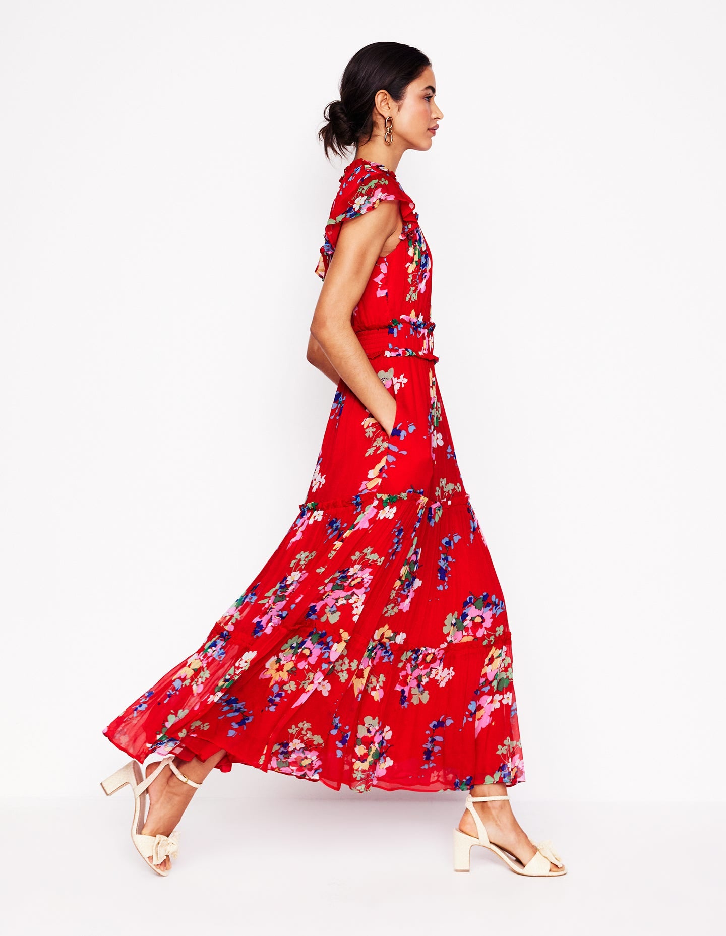 Hochgeschlossenes, ärmelloses Kleid-Rot, Zarte Blüten - Image 4