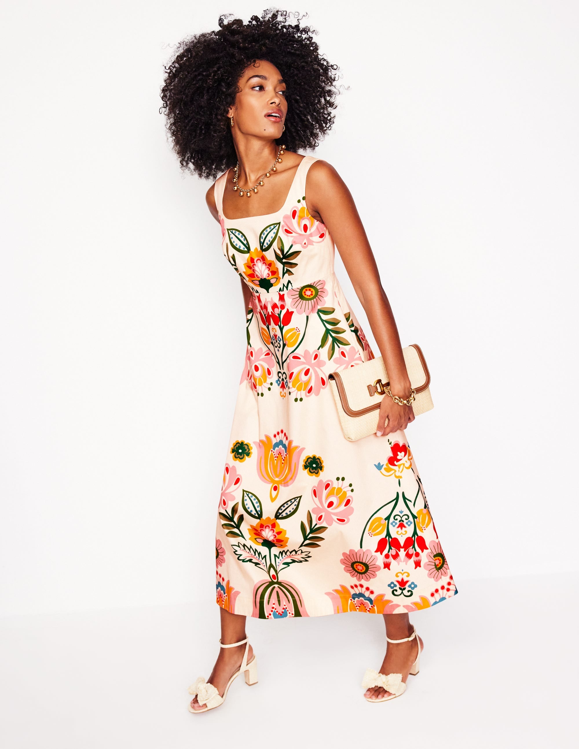 Robe style 50s à encolure carrée-Ivoire, motif Tulip Fusion - Image 1