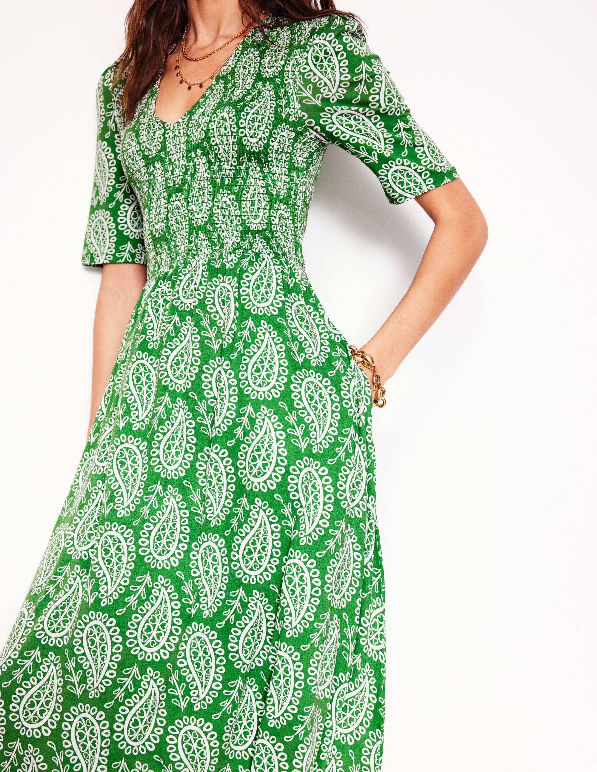 Bethany Gesmoktes Jerseykleid-Paradiesgrün, Paisley-Herz - Image 2