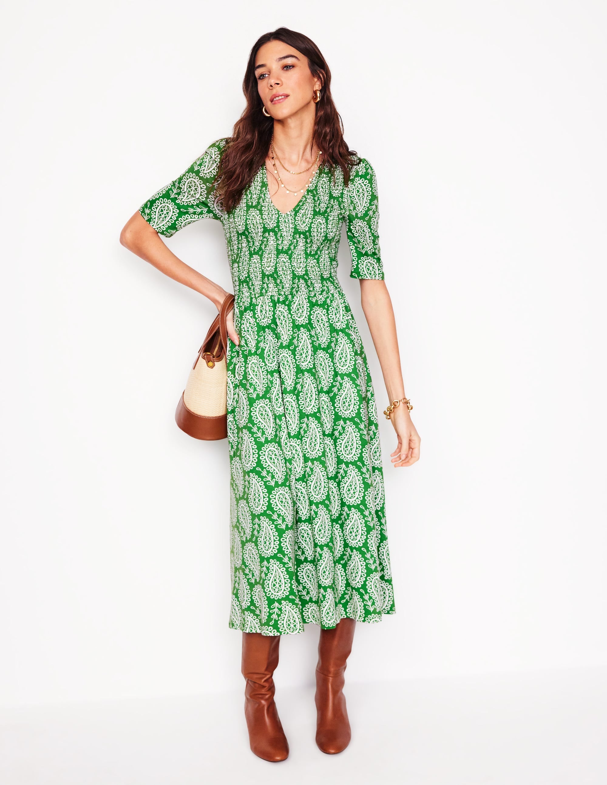 Bethany Gesmoktes Jerseykleid-Paradiesgrün, Paisley-Herz - Image 5
