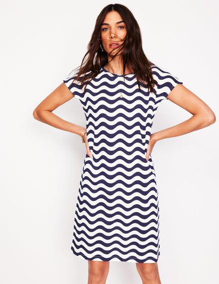 Robe T-shirt Leah en jersey-Bleu marine foncé, motif Mono Wave