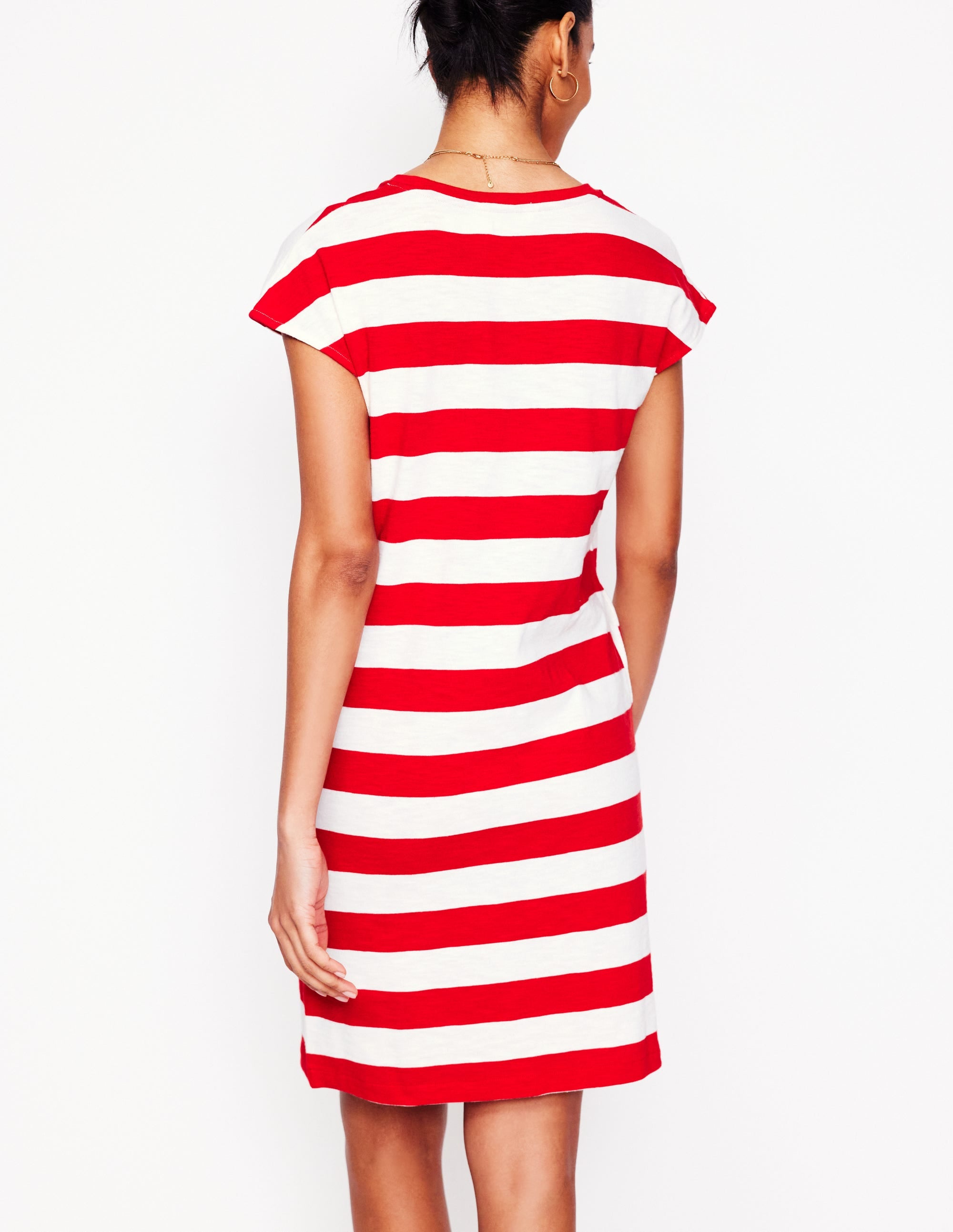 Leah T-Shirt-Kleid aus Jersey-Mohnblumenrot, Weiße Streifen - Image 3