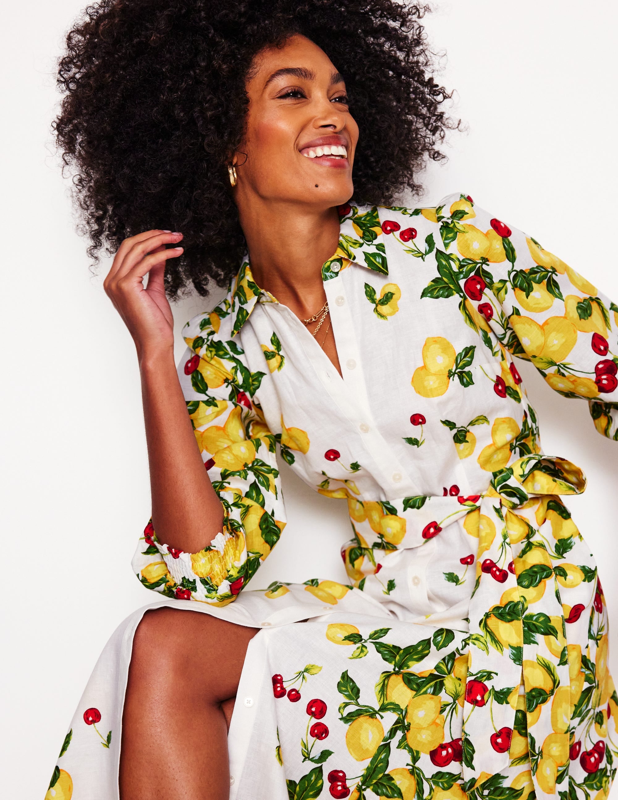 Robe-chemise Clara en lin mélangé-Ivoire, cerises et citrons - Image 1