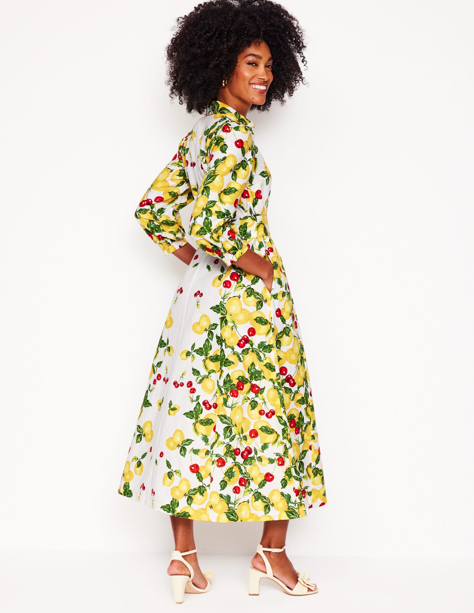 Robe-chemise Clara en lin mélangé-Ivoire, cerises et citrons - Image 4
