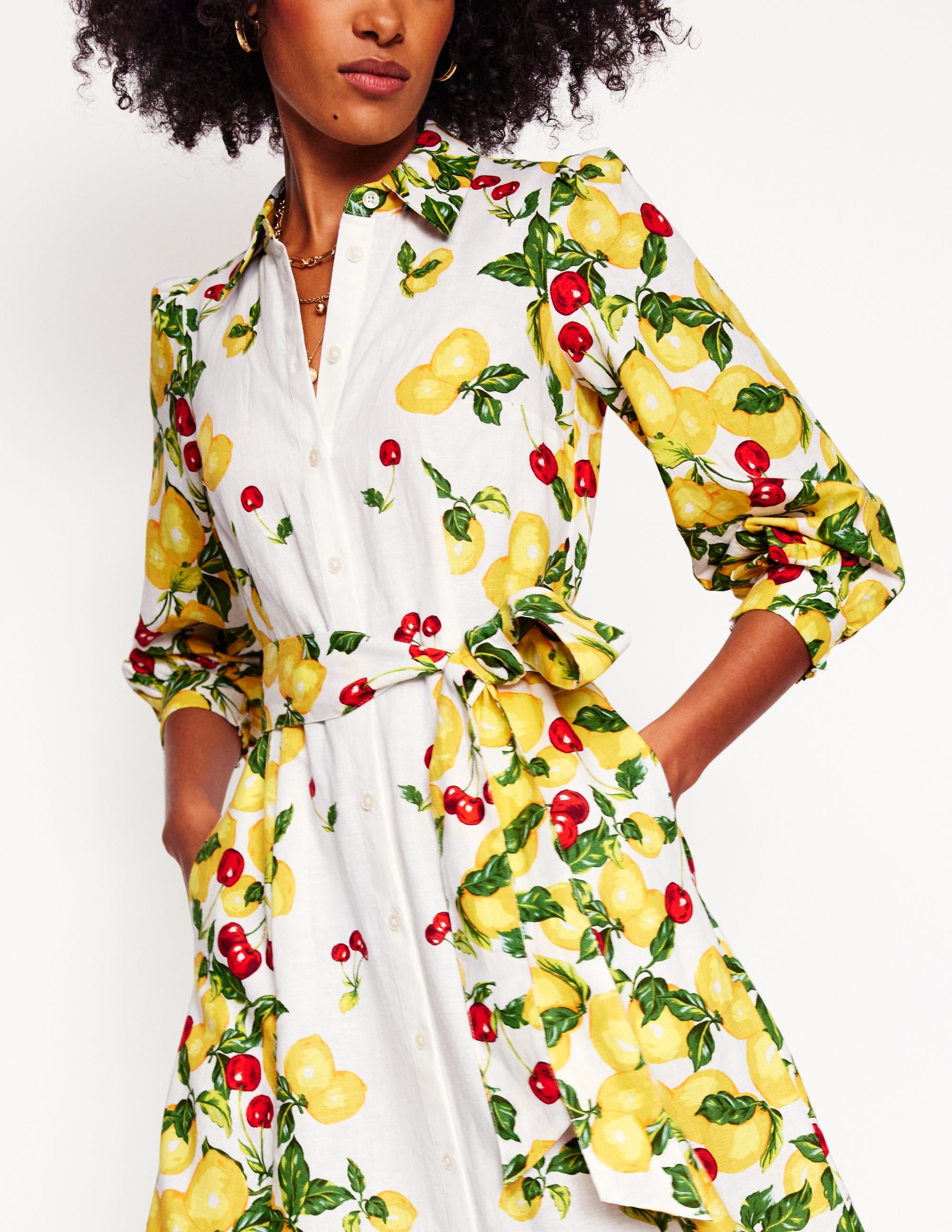 Robe-chemise Clara en lin mélangé-Ivoire, cerises et citrons - Image 6