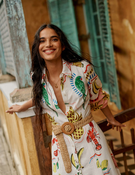 Clara Hemdblusenkleid aus Leinenmischgewebe-Bunt, Tropical Bonanza-Motiv