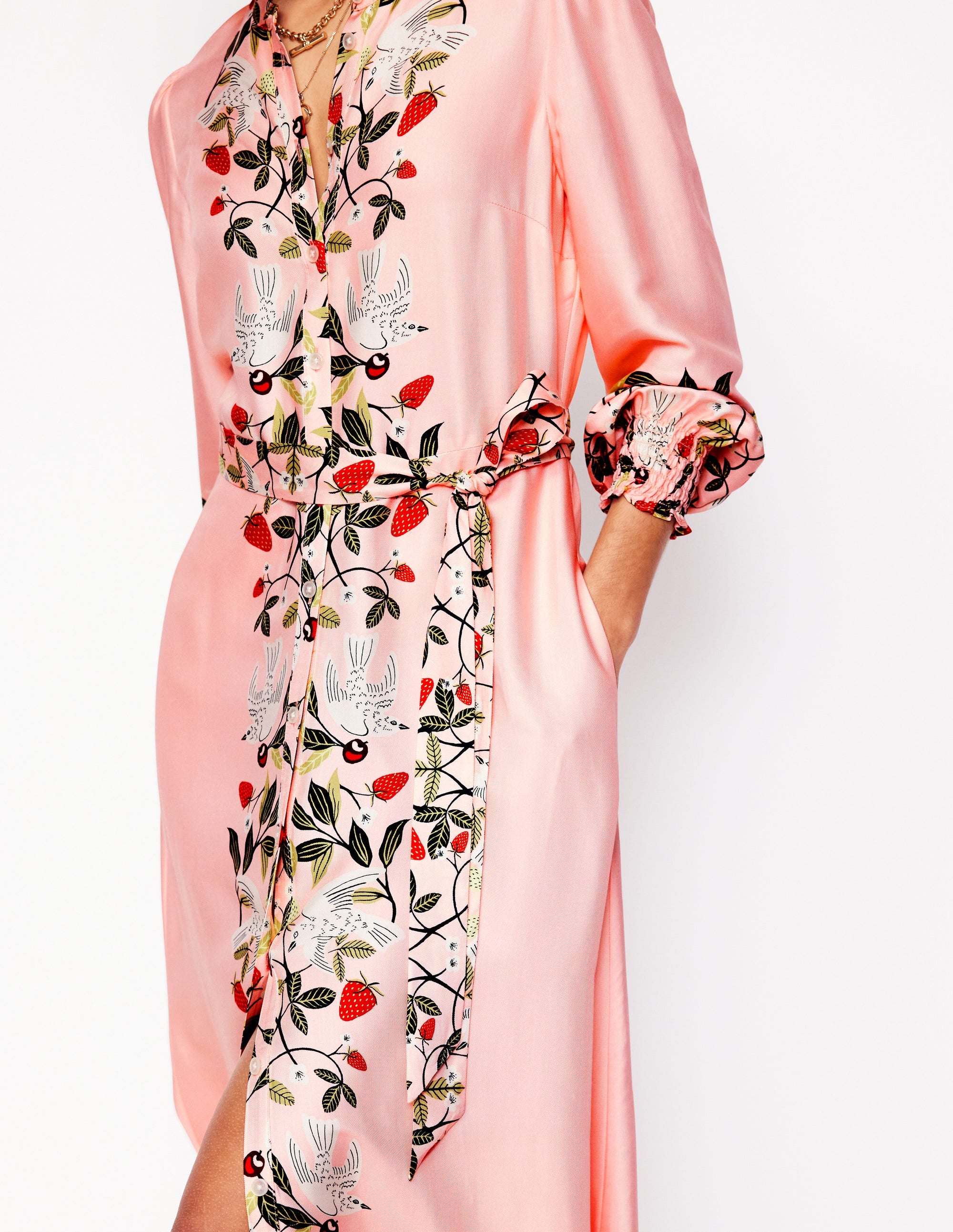 Ruby Kragenloses Hemdblusenkleid-Rosa, Vögel Paradies - Image 2