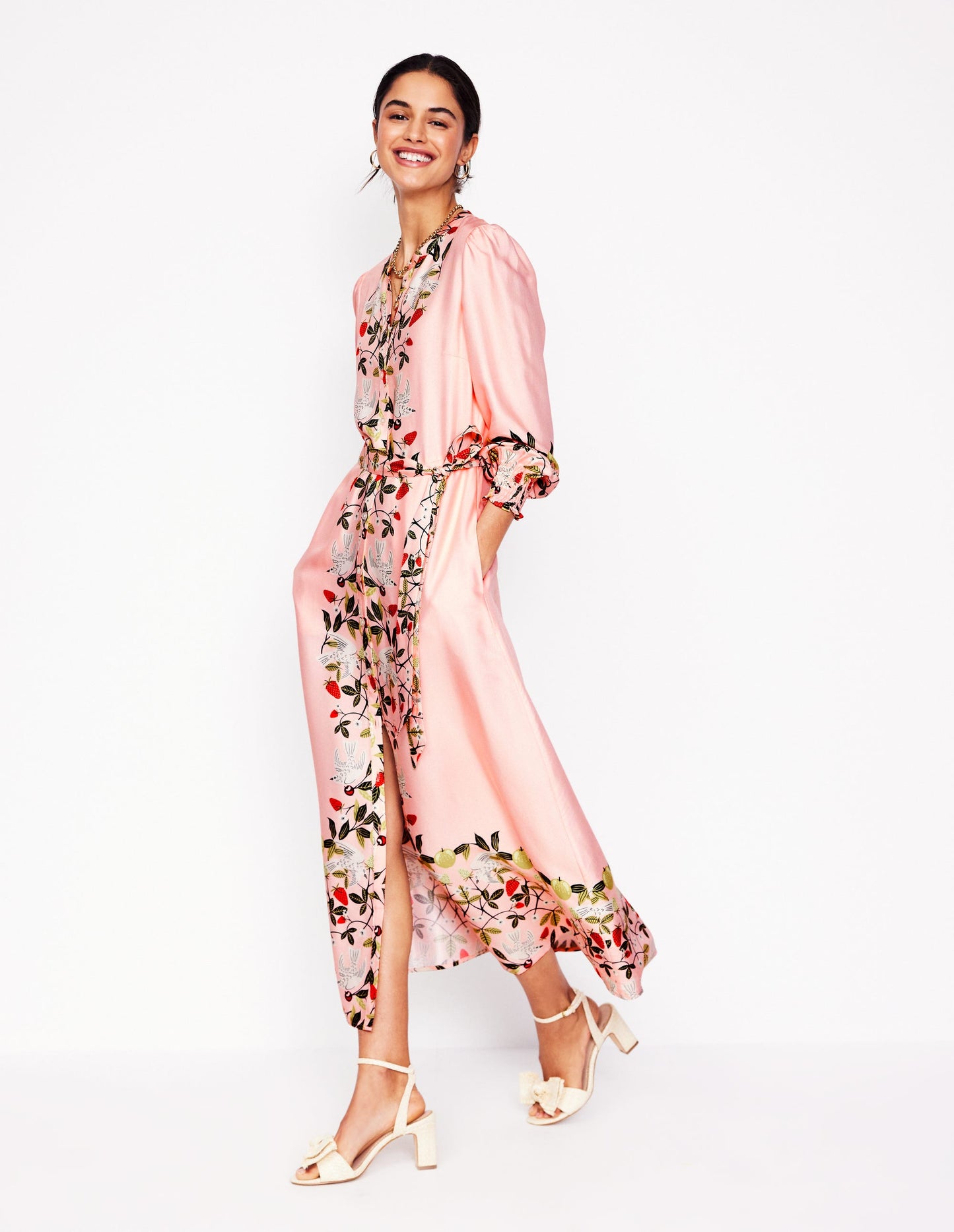 Ruby Collarless Shirt Dress-Pink, Bird Paradise