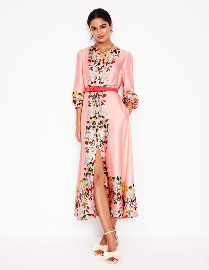 Ruby Collarless Shirt Dress-Pink, Bird Paradise