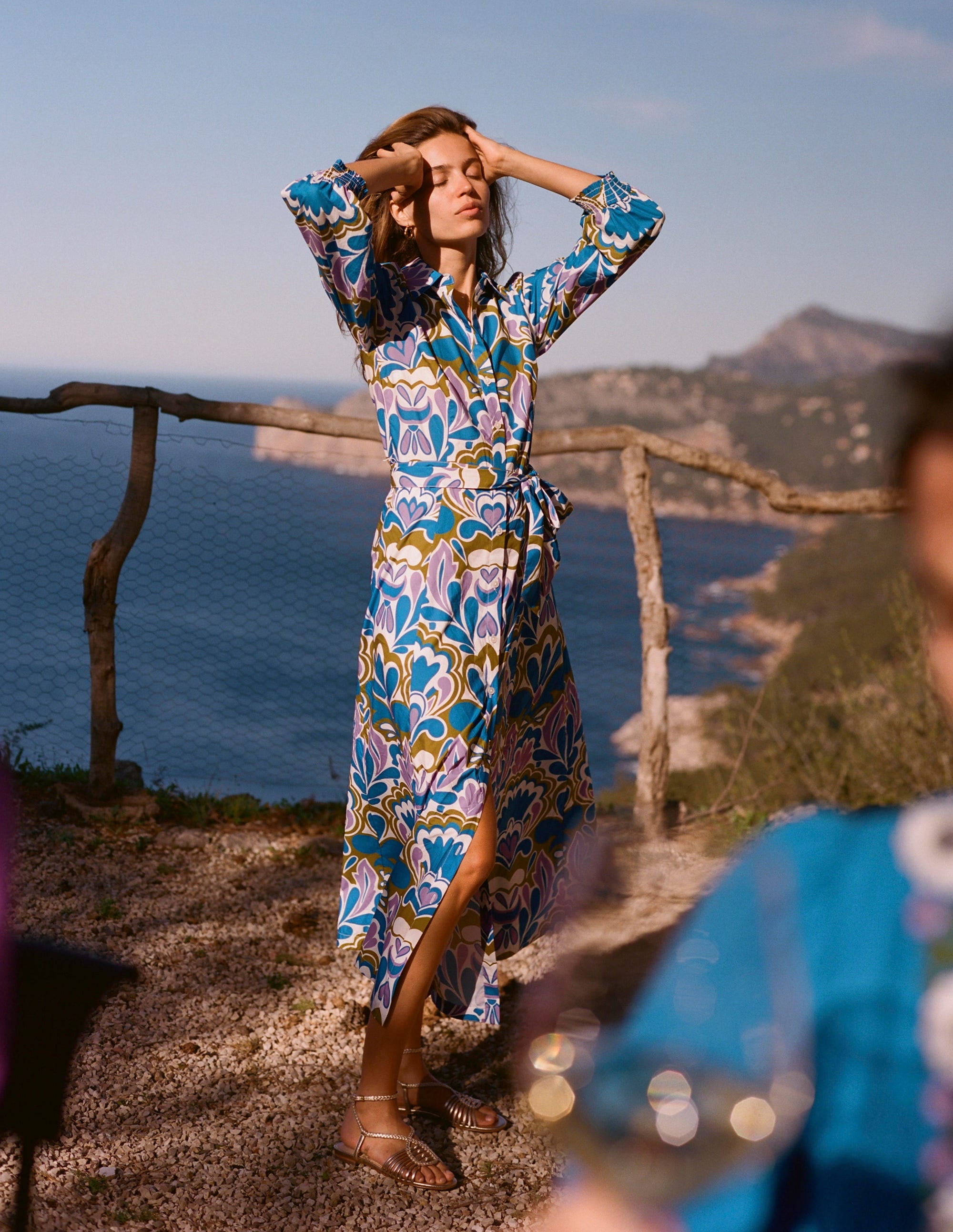 Clara Cotton Shirt Dress-Kingfisher Blue, Freesia Stamp - Image 2