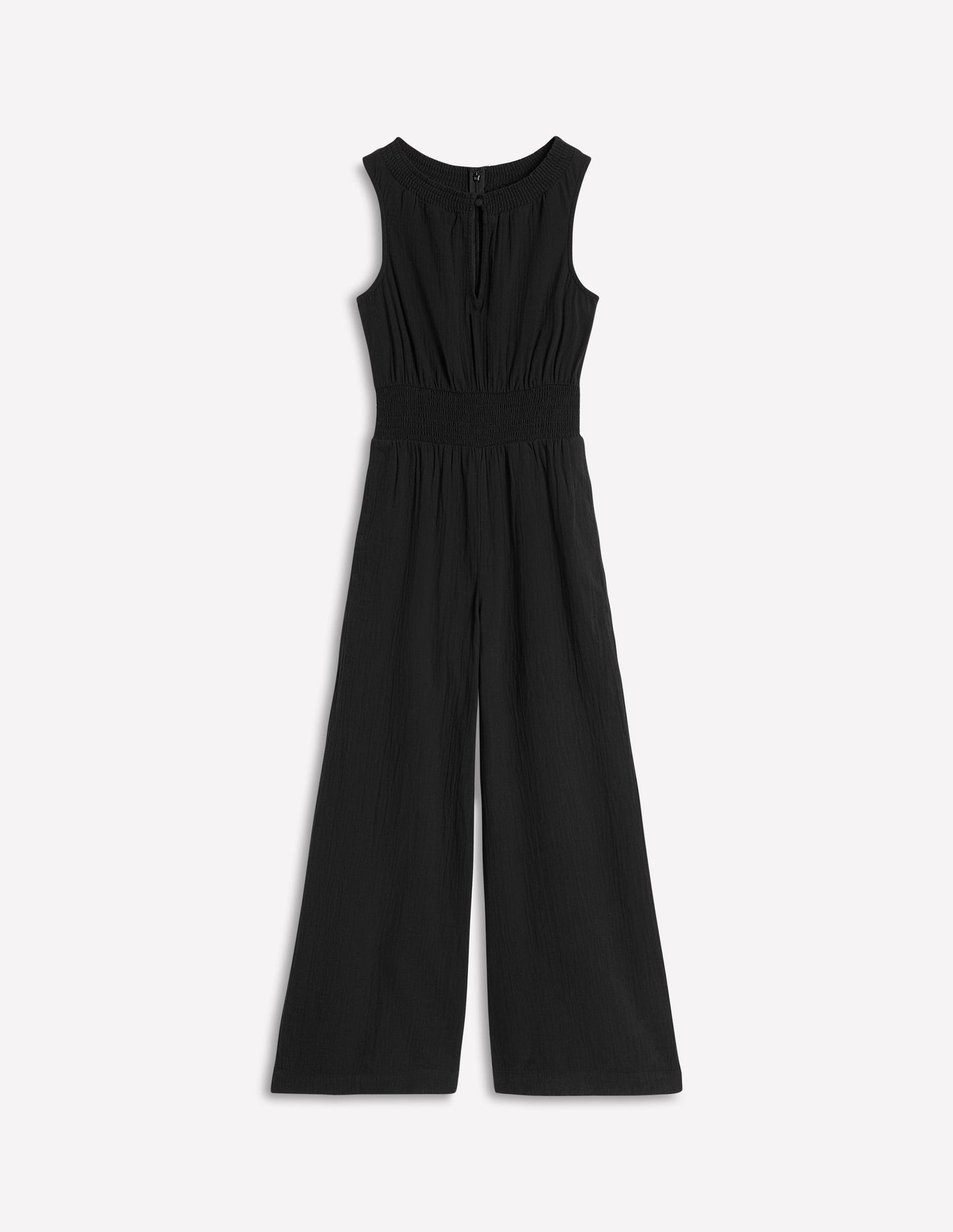 Smocked Double Cloth Jumpsuit-Black