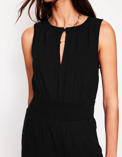 Smocked Double Cloth Jumpsuit-Black