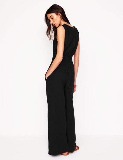 Smocked Double Cloth Jumpsuit-Black