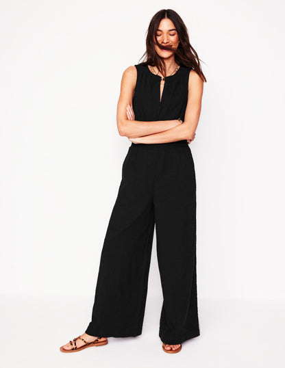 Smocked Double Cloth Jumpsuit-Black