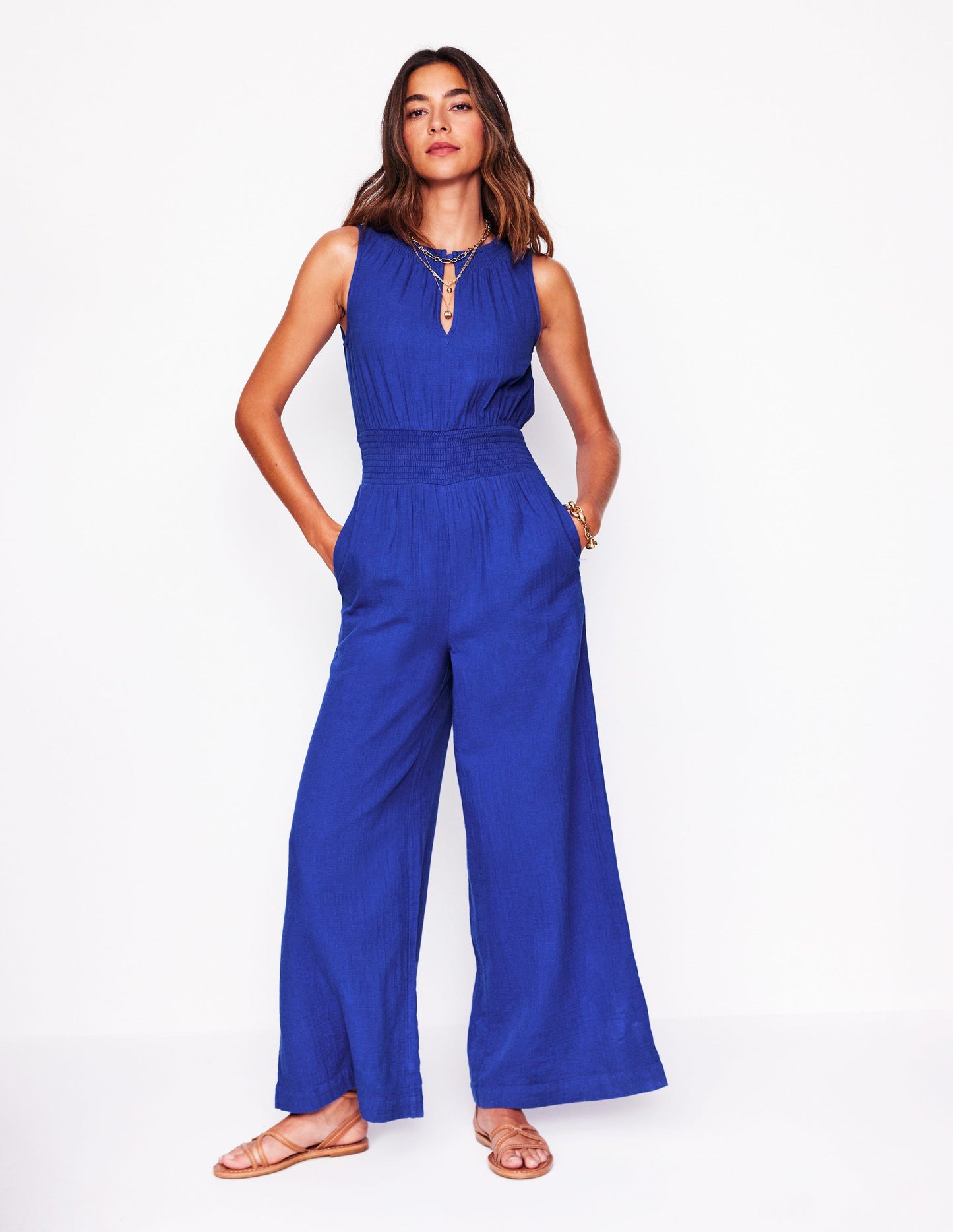 Gesmokter Doppeltuch-Jumpsuit-Leuchtendes Blau