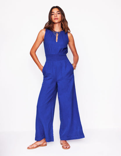 Gesmokter Doppeltuch-Jumpsuit-Leuchtendes Blau
