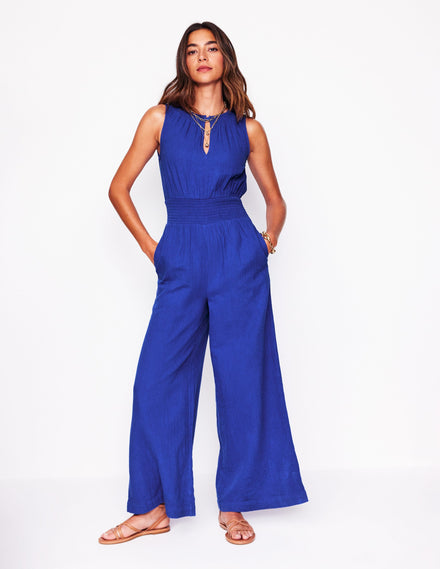 Gesmokter Doppeltuch-Jumpsuit-Leuchtendes Blau