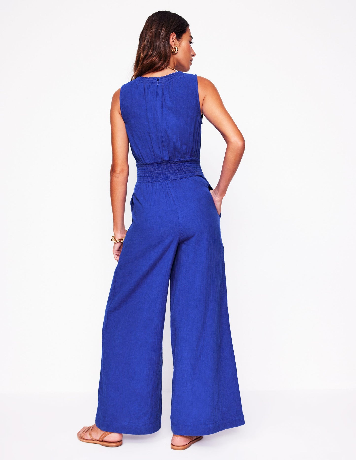 Gesmokter Doppeltuch-Jumpsuit-Leuchtendes Blau