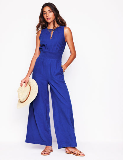 Gesmokter Doppeltuch-Jumpsuit-Leuchtendes Blau