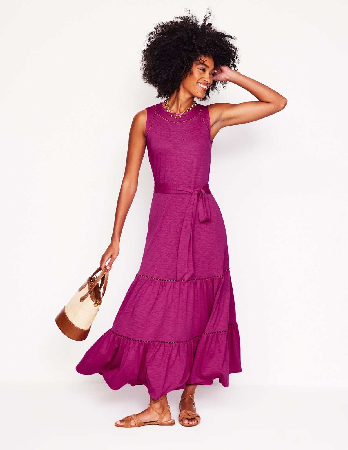 Mila Trim Tiered Jersey Dress-Fuschia - Image 1