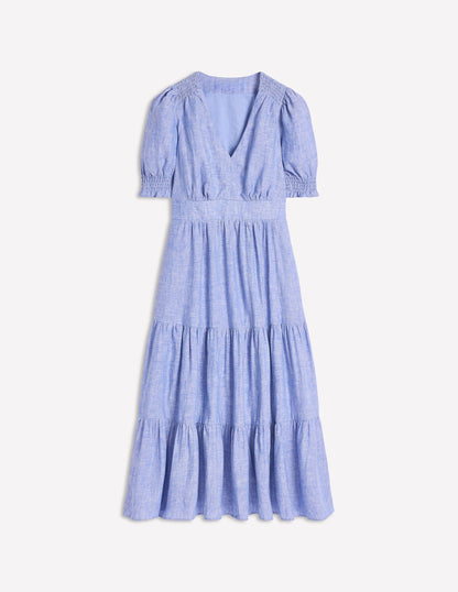 Anna Gestuftes Midikleid aus Leinen-Sommerblau Chambray